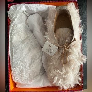 Tory Burch new Evan boots, Mongolian shearling/veg leather